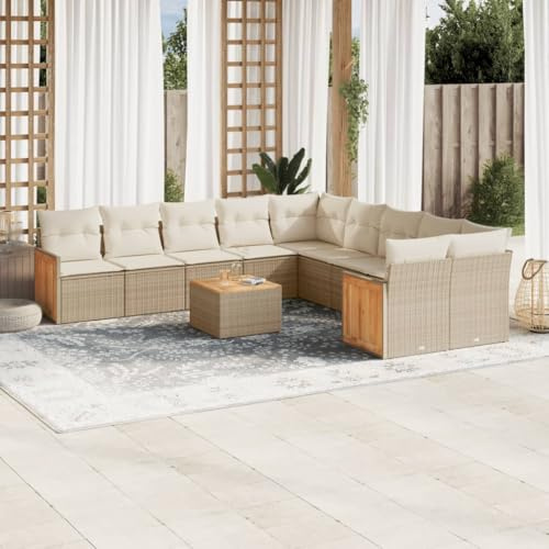 LoogCape Ensemble de canapé de jardin de 11 pièces avec coussins beige - Salon en rotin synthétique avec espace de rangement - Groupe de sièges d'extérieur modulaires pour terrasse, balcon