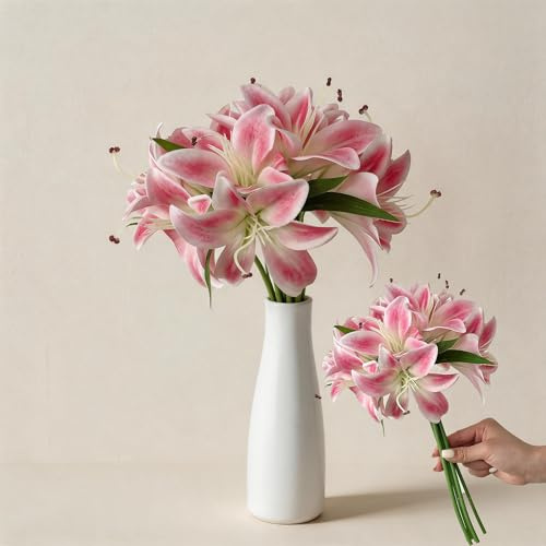 MINWEGI 6PCS Artificial Flowers Lilies Bouquet - 12 Realistic Faux Lily Flowers with Bendable Stems for Wedding & Home Decor, Non-Allergenic Silk Flowers for Table Centerpiece，Pink