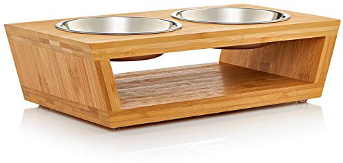 Migosset foderstation – upphöjd foderdispenser för katter och små hundar – matskålhållare av bambu – med 4 rostfria skålar: 2 x 350 ml, 2 x 600 ml – 10 x 35,5 x 18 cm – liten