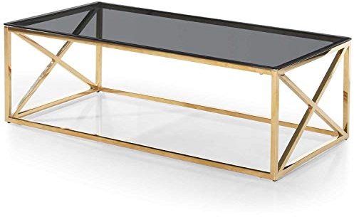 Menzzo Table Basse Sydney en Verre Fumé et Pieds Or
