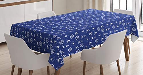 ABAKUHAUS Leuchtturm Tischdecke, Maritime Silhouetten, Druck mit Klaren Farben ohne Verblassen Waschbar für innen oder Außen Bereich, 140 x 200 cm, Violett Blau Weiß