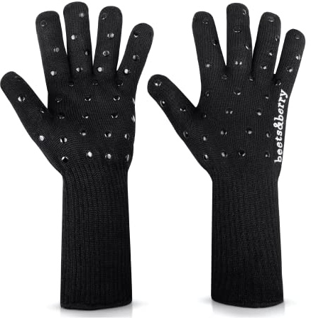 Oven Gloves with Fingers by Beets & Berry, Cooking Gloves Heat Resistant up to 650°F, for Small Hands, Baking Gloves Extra Long, BBQ Glove, Oven Glove, Kitchen Gloves for Oven, Grill Gloves, Black