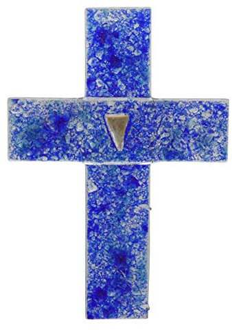 kruzifix24 Kunsthandwerk Glaskreuz Wandkreuz Schmuckkreuz blau Fusingglas Dreieck Blattgold 12 x 8,5 cm Glaskunst Unikat Taufkreuz Kinderkreuz