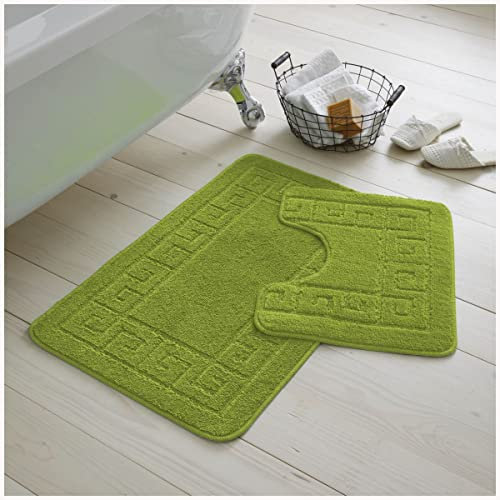 GC GAVENO CAVAILIA 2 Piece Washable Bathroom Mat, Extra Absorbent Anti Slip Bath Mats, Super Soft Toilet Rugs Set, Green, Regular, (50 x 80, 50 x 40 cm)