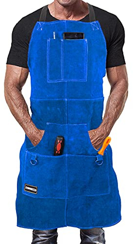DIMWELD Tablier de Soudeur Professionnel en Cuir pour Homme avec 6 Poches. Tablier de Soudure Durable de Travail anti-flamme et Protection pour Forgeron - Bleu - Taille Unique