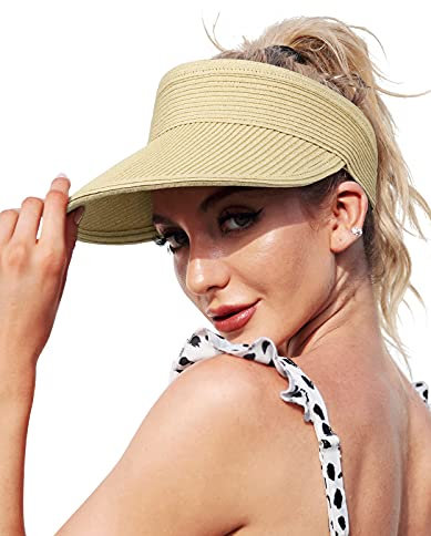 Wmcaps Strohhut Damen mit großer Krempe Faltbar Visor Cap Sonnenhut für Sommer Sonnenschutz Sport Strand Hut Sommerkappe für Strand Golf (Beige)