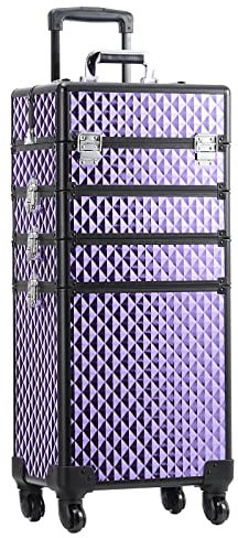 Qivange 4 in 1 Kosmetikkoffer Trolley Großer Schminkkoffer Damen Friseurkoffer mit 360° drehbare Rollen Abschließbarer Make up Koffer mit Beautycase für Reise Kosmetikerin Friseurein, Lila
