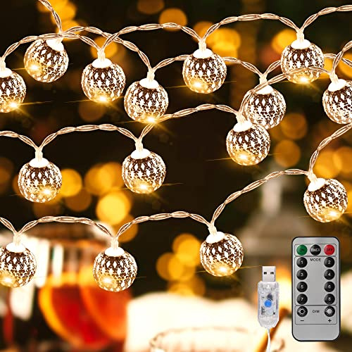 LED Lichterkette Innen - USB Lichterkette Außen Strom, 40er Marokkanische Silber Kugeln mit Fernbedienung für Zimmer Balkon Hochzeitsfeier Geburtstag Weihnachten Weihnachtsbaum Deko 6 Meter Warmweiß