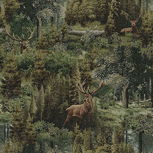 Hans-Textil-Shop Gobelin Stoff Hirsch Wald Natur – Stoff Meterware 140 cm breit, 425 g/m², Baumwollmischung, Landhausstil mit Bäumen & Hirschen – für Kissen, Vorhänge, Tischdecke, Deko