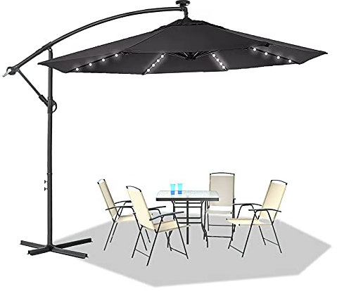 LARS360 Alu Ampelschirm Ø350cm mit Solar LED Beleuchtung Wasserdichter Sonnenschirm mit Kurbelvorrichtung Höhenverstellbarer Balkonschirm Gartenschirm Marktschirm UV-Schutz 40+ Dunkelgrau