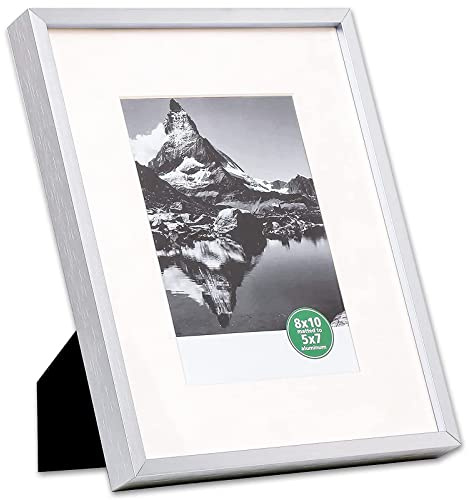 TheDisplayGuys - Contemporary Aluminum Picture Frame - Tempered Glass - 8 X 10 matted to 5 X 7 - Silver - Wall & Tabletop