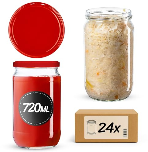 KADAX Lot de 24 Bocaux 720ml lot 24 TO82 Rouge | bocaux a vis | Confiture Miel conserves | Etanche Lave-Vaisselle