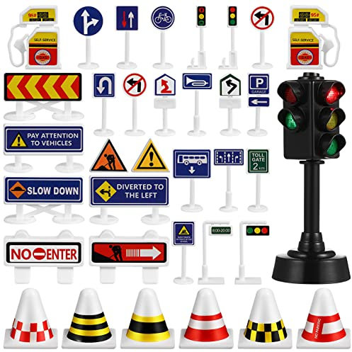 Toy Road Signs Roadcraft 1Set Traffic Road Signs Playset,Mini Street Road Signs Playset with LED Traffic Light for Kids Educational Road Signs Toy Little Mix Merchandise