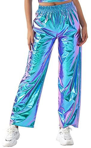 Gl?nzende Metallic Hose Damen Glanz Jogginghose High Waist 80er 90er Jahre Kost?m Lack Leder Wet Look Hip Hop Clubwear Holografische Rave Hose Jogginghose Streetwear Halloween Cosplay Laser Blau XL
