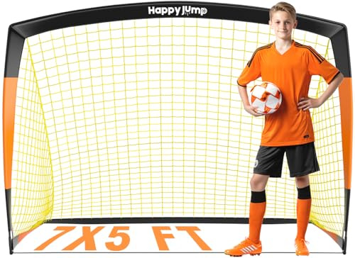 Happy Jump Upgraded Pop Up Football Goals | Portable Football Nets – 7x5FT Black-Orange Single Pack for Garden & Outdoor Training