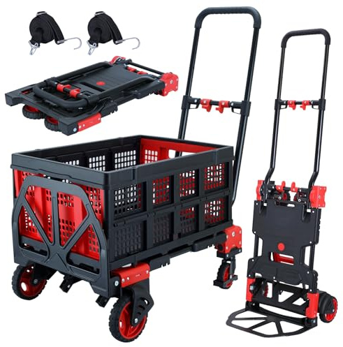 2-in-1 Faltbarer Sackkarre mit Korb, 150 kg Kapazität, Handwagen, faltbar, Handkarre mit einziehbarem Griff, zusammenklappbarer Dolly mit Rädern, zusammenklappbarer Dolly zum Umzug