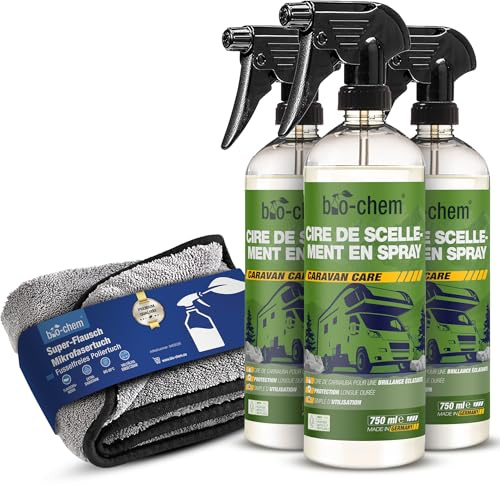 bio-chem Sprühwachs Versiegelung 3x 750 ml inkl. Poliertuch I Flüssiges Carnauba Wachs zur Lackversiegelung für alle KFZ wie Auto, Caravan und Motorrad I Strahlender Glanz und Langzeit-Schutz