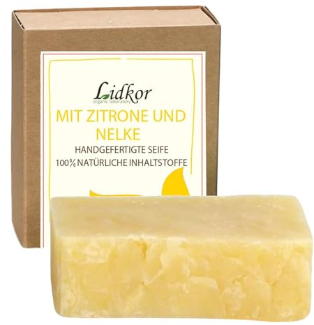 LIDKOR Pflegende Seife mit Zitronenöl & Nelkenöl 100g | Hautseife - Hautpflege mit Lavendelöl - Handgemachte Naturseife als Festes Duschgel - Vegan Handseife