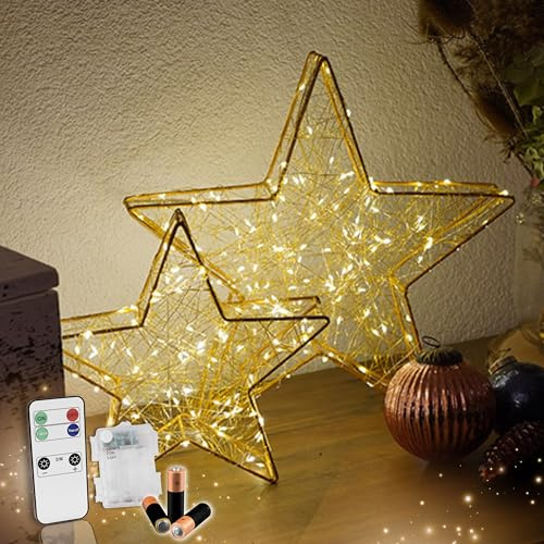 Batteriebetriebener LED Weihnachtsstern Gold mit Fernbedienung & Timer - dimmbar - Dekostern beleuchtet mit warmweißen LEDs für Innen und Außen Weihnachtsdeko Fensterdeko (80 LEDs - B25xH24xT5)