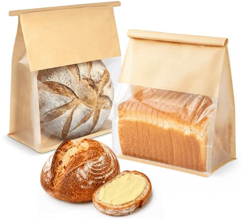 Roppolo 50 bolsas de pan de 8.6 pulgadas con lazo de estaño, bolsas grandes para pan hechas de papel de algodón marrón, bolsa de embalaje de almacenamiento con ventana transparente para panadería,