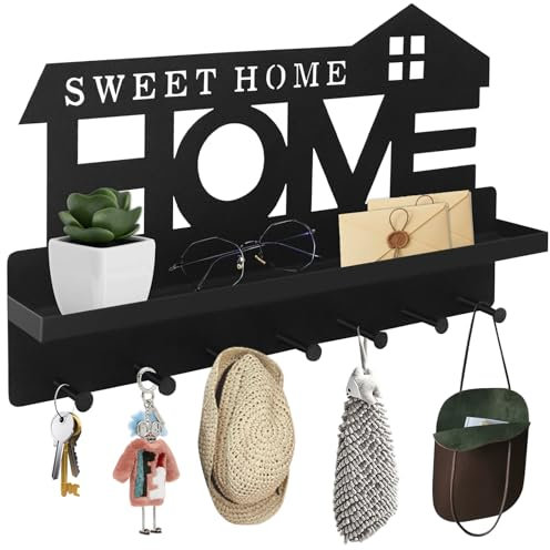 Schlüsselbrett mit Ablage Ohne Bohren Schwarz, Schlüsselboard Modern, Schlüsselhalter Wand mit 7 Schlüsselhaken und Wandgarderobe, Flur Deko Schlüsselleiste, Selbstklebend or Bohren Key Holder