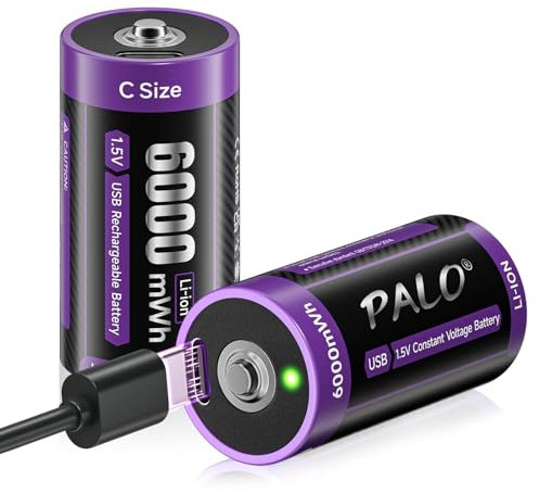 Mspalocell USB-C batterie al litio C 6000mWh batterie LR14 1,5 V a carica rapida di tipo C con cavo ricarica, a bassa autoscarica, con luce ricarica, per Carrera diapositiva traffico, batteria 2 pezzi