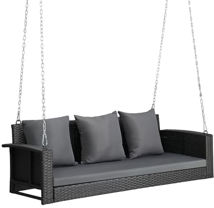 Outvita Porch Swing, 5FT Hanging Outdoor Porch Swings for Adults, Wicker 3 Person Patio Swing, with Cushion, Pillow and Chain for Garden, Backyard, Weight Capacity - 1000lbs