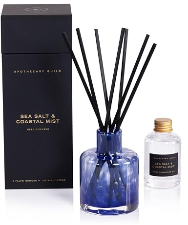 Zodax Apothecary Guild Opal Glass Reed Diffuser - Home Decor Ideal for Living Room, Office, Shelf, and Bathroom - Gift Box Packaging Included - Sea Salt Coastal Mist Scent - 4 Oz.