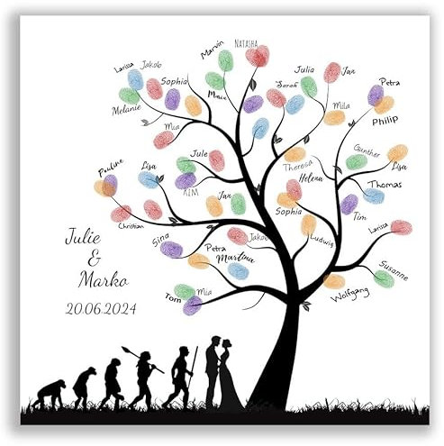 galleryy.net Personalisierter Fingerabdruck-Baum Hochzeit - Evolution unter Baum - Poster 40x40 cm - Individuell mit Namen & Datum - INKL. Zubehör-Set mit Stempelkissen und Stift