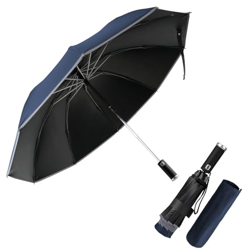 Pioggistar Regenschirm Sturmfest, Taschenschirm für Herren und Damen, Umgekehrter Regenschirme 10 Rippen, Ausgestattet mit Taschenlampe, Automatisch Auf und Zu, kompakt, Durchmesser 105 cm