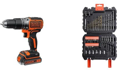 BLACK+DECKER Perceuse à Percussion Brushless sans Fil - 2 Batteries 2,5Ah, 18V - BL188E2K-QW - Noir & A7188-XJ Coffret de Perçage et Vissage, Noir