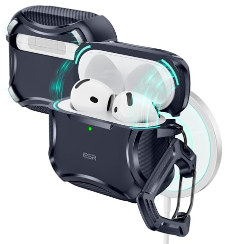 ESR Hülle für AirPods 4, Kabelloses Laden, Starker Sturzschutz, Blau | Kompatibel mit AirPods der 4. Generation (2024), mit magnetischer Abdeckung, Cyber Tough Serie