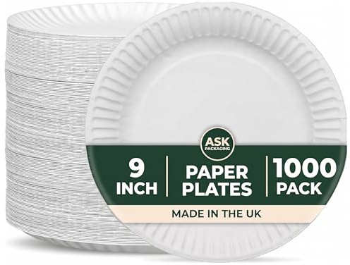 1000 Pack Paper Plates 9 Inch 23cm, Strong Heavy Duty Disposable Plates | Holds Full Portion of Curry, Pasta, BBQ without Bending & Leaking, Microwave Safe Dinner Plate for Parties, Picnics, Wedding