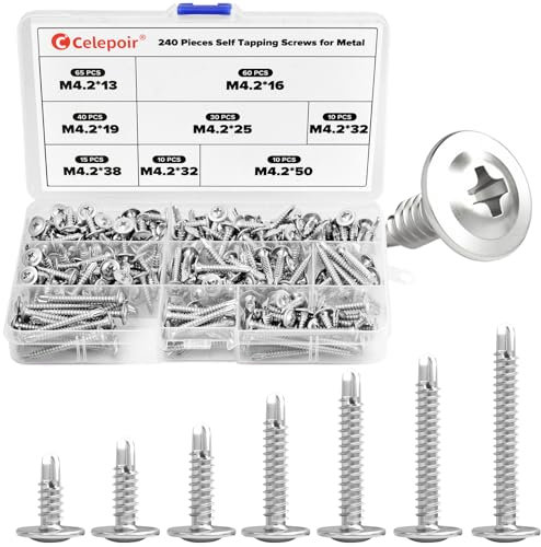 Celepoir 240 Piezas Tornillos Autorroscantes Set, Tornillos Roscachapas de Cruz, M4.2 Tornillos Autorroscantes para Metal, Tornillos Autoperforantes de Cabeza Plana para Fijar Vallas de Aluminio