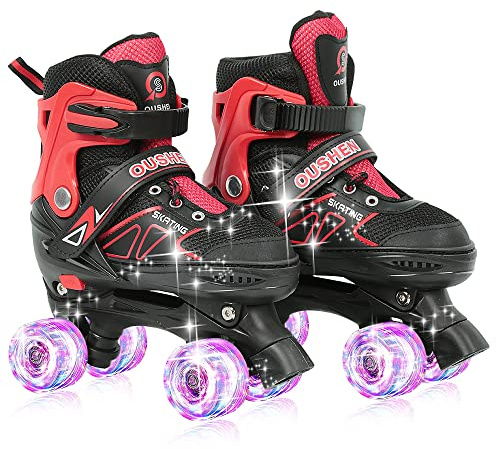 Supfine Rollers Enfants - Rollers en Ligne Comfortable avec Roues Lumineuses Taille Réglable - S/M 31-38 - Patins à roulettes pour Filles et Garçons (Rouge Noir, M-EU32-37)