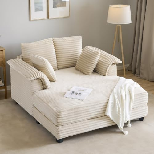 VINGLI 56 Oversized Chaise Lounge Chair, Beige Comfy Corduroy Chaise Sofa Recliner Bed Upholstered Sleeper Couch Bed with Throw Pillows and Armrests for Living Room, Movie Room, Bedroom
