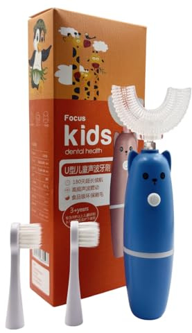 Ariie Ultrasonic Kid's U-Shaped Electric Toothbrush, Slim Design, Waterproof Battery Powered 360 Oral Teeth Cleaning Design, Automatic Toddler Toothbrush with Food Grade Soft Silicone Brush Head