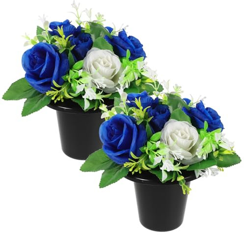 Happyyami Grabdekoration Aus Seidenstoff Und Kunststoff Künstliche Friedhofsblumen Mit Vase Gedenkblumen Für Grabstätten Wetterfeste Blumenarrangements Für Friedhof Grabstein-Dekoration in v