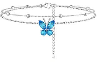 Bestyle Fußkettchen für Damen silber 925 Damen Blautopas Stein Dezember Schmetterling Geburtssteine Doppelte ineinandergreifende Perlenkette Verstellbare 22+5cm
