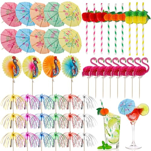 120 Stück Cocktail Deko, Cocktail Schirmchen, Feuerwerk Sticks, Strohhalme, Wiederverwendbar Cocktail Party Dekorationen für Sommer Party Hochzeitsfeier Bar Getränke Kuchen Deko