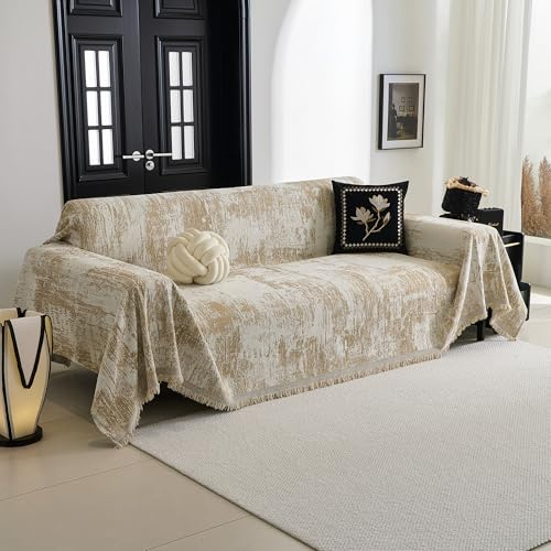 MYSKY HOME Sofabezug L Form Kratzschutz Sofa Katze Sofa Überzug 2 Sitzer | Khaki,1er Set,180x260cm,Jacquard Couch Überzug mit Deko Quasten,Abstrakt Sofa Cover,Überwurfdecken für Sofa Schutzdecke