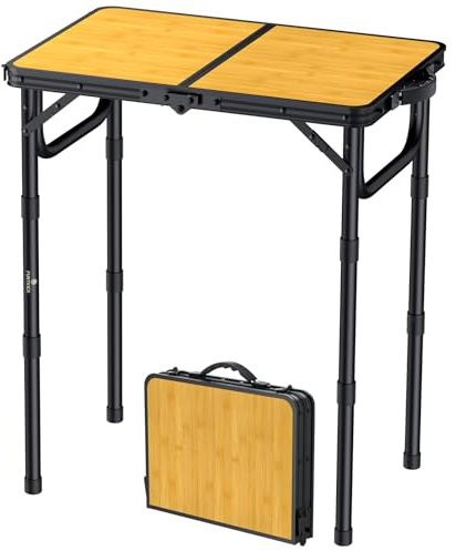FUNYKICH Mesa de Camping Plegable 58 x 40 cm, Mesa Plegable Camping Portátil de Aluminio con 3 Alturas Ajustables (26/48/70 cm), Panel de MDF, para Picnic, Camping y Barbacoa, Ligero y Estable
