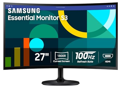 Samsung 27 Essential S3 (S36GD) Curved Monitor - FHD, 1800R Curved Screen, 100Hz, Eye Saver Mode, Game Mode, HDMI D-sub, LS27D36CGANXZA
