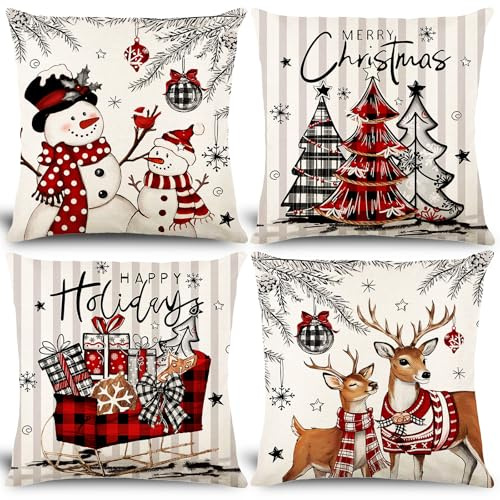 Bigqin Weihnachten Kissenbezug, 4 Stück Weiß&Rot Weihnachtskissenbezüge Sofakissen, Christmas Pillow Cover, Kissenhülle Xmas Deko für Schlafzimmer Sofa - 45 x 45 cm