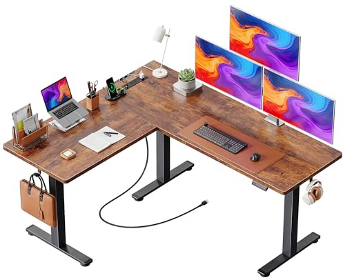 Huuger L Shaped Standing Desk with Power Outlets, 63 x 55 Inch Height Adjustable Computer Desk for Bedroom, Corner Stand up Desk for Home and Office, Work and Study, Rustic Brown