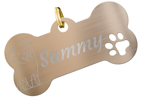 Hundemarke aus Edelstahl graviert – personalisiertes Namensschild in Knochenform mit Hundemotiv – ID Anhänger für Hunde mit Gravur von Name, Adresse, Telefonnummer – rostfrei und wetterfest (Roségold)