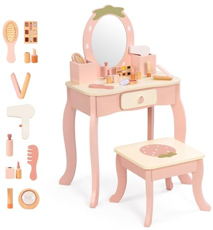 OOOK Toddler Vanity for 3 Year Old, Kids Vanity with Pretend Makeup Accessories, Makeup Table for Kids with Drawer, Pink