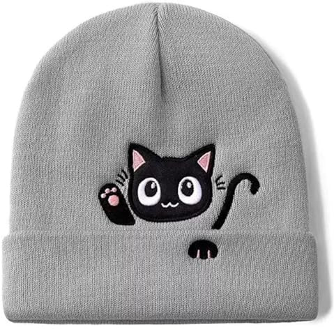 HuangJingYu Black Cat Beanie Damen Strickmütze mit Stickerei Katzen Deko Geschenk für Katzenliebhaber Beanie Mädchen und Frauen Katzen Geschenke für Herbst und Winter