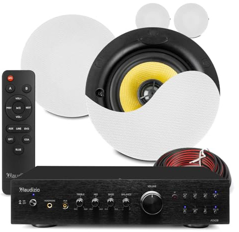 Power Dynamics 4x PD KVCS5 Ceiling Speaker System with AD420 Multi-Room Amplifier, HiFi Bluetooth, Optical for Home Audio & PA, Speaker Cable, Home and Commercial Ceiling Audio Complete Solution