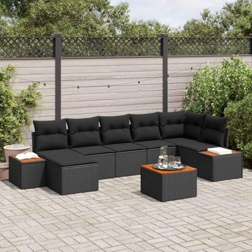 Frdhee Outdoor Möbel Eckbankgruppe,Garten-Sofa-Set mit Kissen 8 pcs Schwarz Poly-Rattan für Terrasse,Balkone,Poolränder